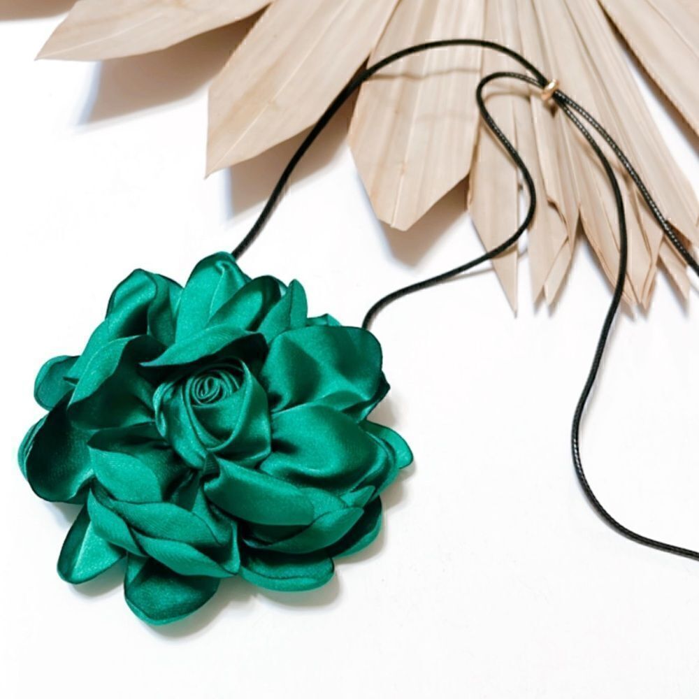 Free People Emerald Green Satin Flower Pendant Necklace